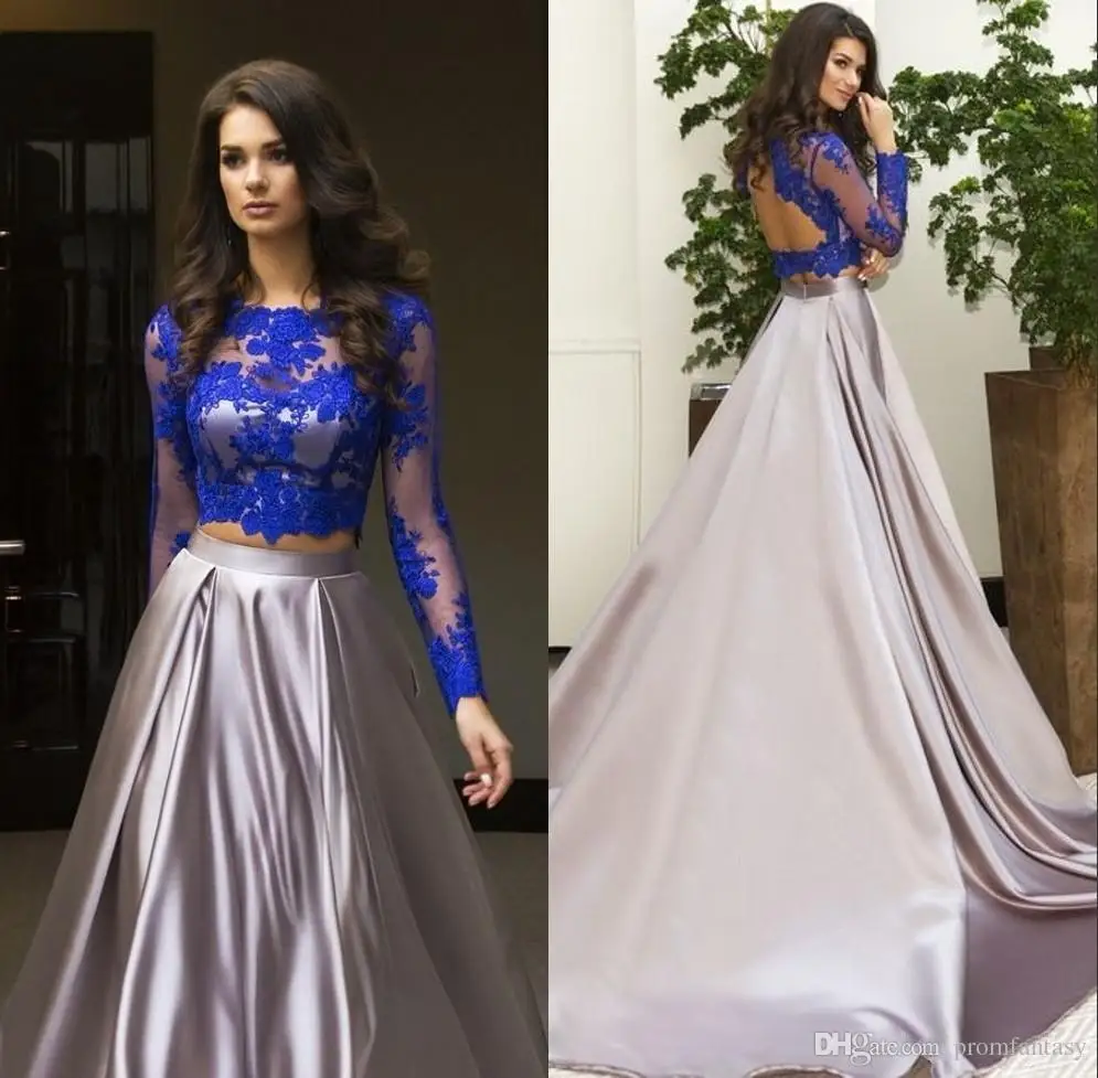 Sexy Two Piece Royal Blue Prom Dress 2016 Appliques Short Sleeve