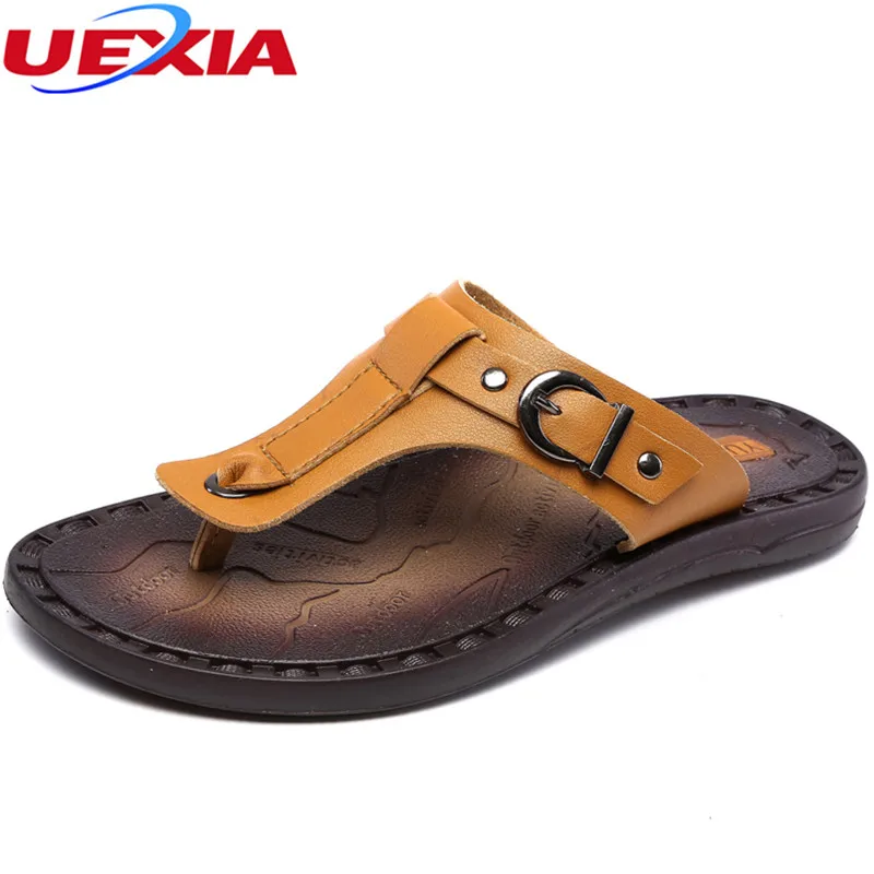 

UEXIA New Summer Leather Beach Flip Flops Men Shoes Casual High Quality Soft Sole Fashion Breathable Patchwork Leather Sandalias