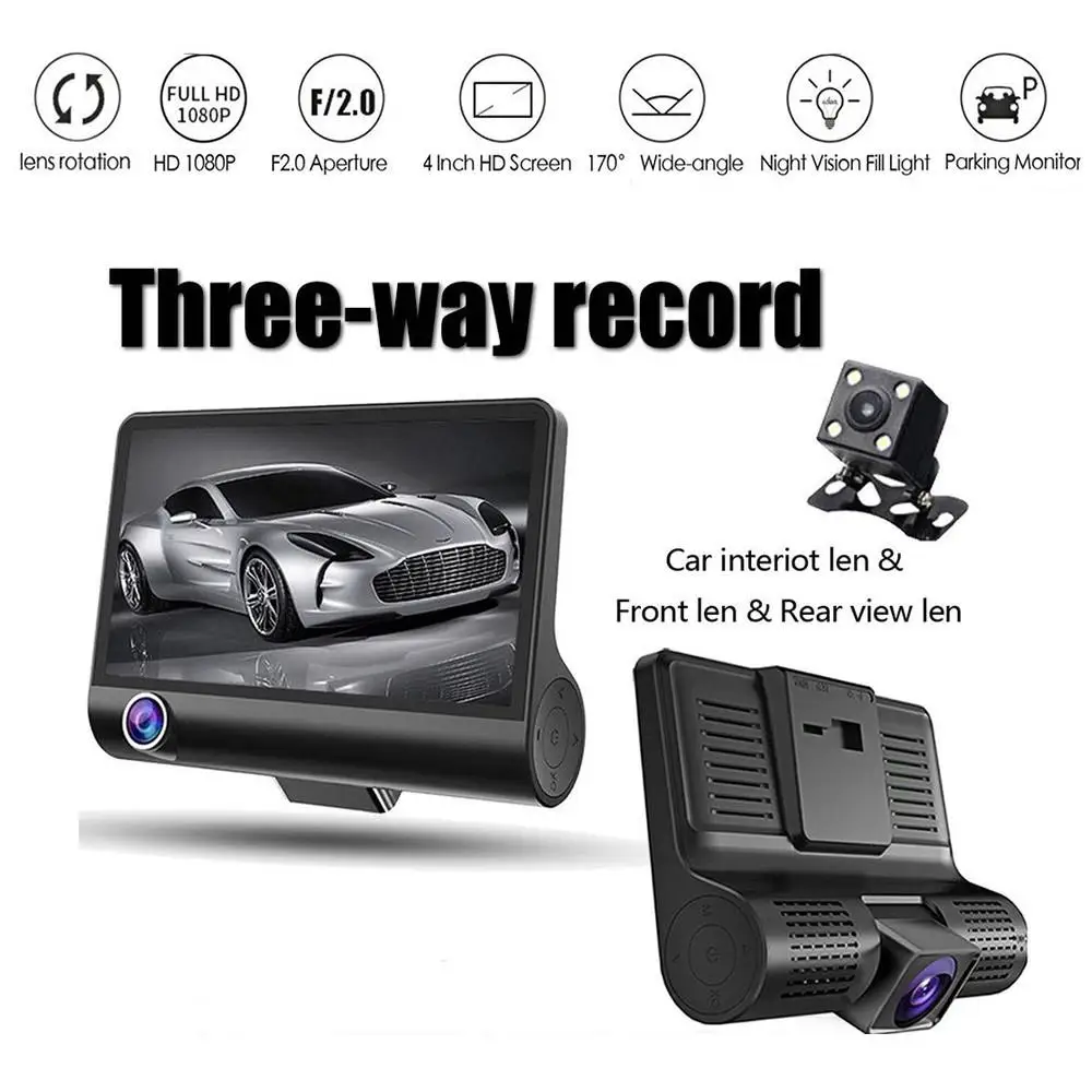 

4 Inch 1080P 3 Lens Car DVR Dash Cam Vehicle Video Recorder Rearview Camera Motion Detection G-sendor 140 Degree Wide Angle