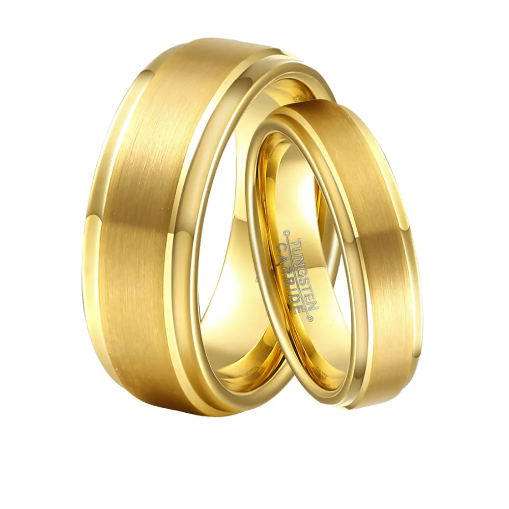 1 Pair 8mm & 6mm Couple Lover's Gold Color Tungsten Carbide Wedding Promised Ring Set for Boy & Girl Anniversary Gift