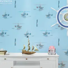 Mediterranean Style Cartoon Sailing Boat Children Room Bedroom Non-woven Wall Paper 