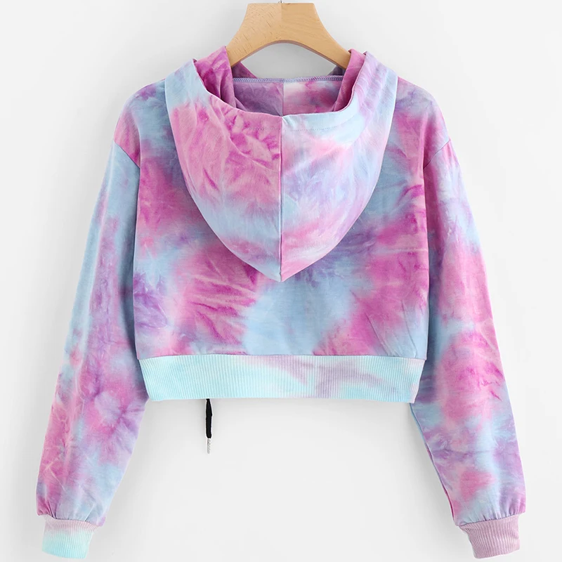  Water Color Crop Hoodies Multicolor Casual Women Drawstring Hooded Sweatshirt Autumn Tie Dye Long S