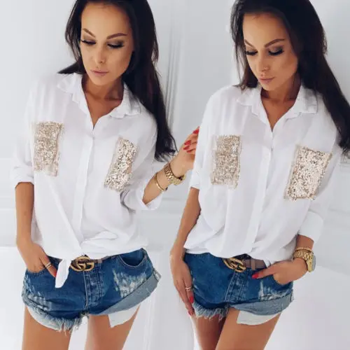 

Fashion Summer Women Casual Chiffon Long Sleeve Ladies Shirt Loose Tops Women Sequined Shirts