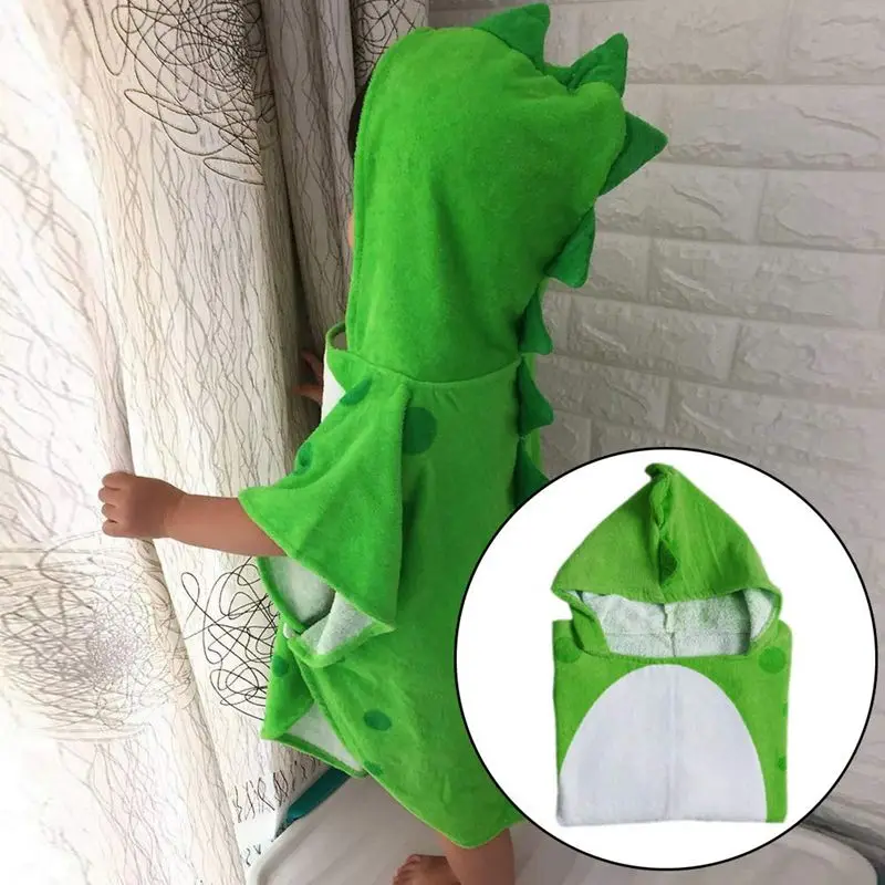 Детское махровое полотенце, детское пляжное пончо с капюшоном и рисунком динозавра(зеленый+ белый 55x110 см