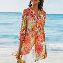 2019 casual chiffon impresso botão retro vestido de praia mulheres bohemia bikini banho kaftan praia cobrir saida de praia pareos(China)