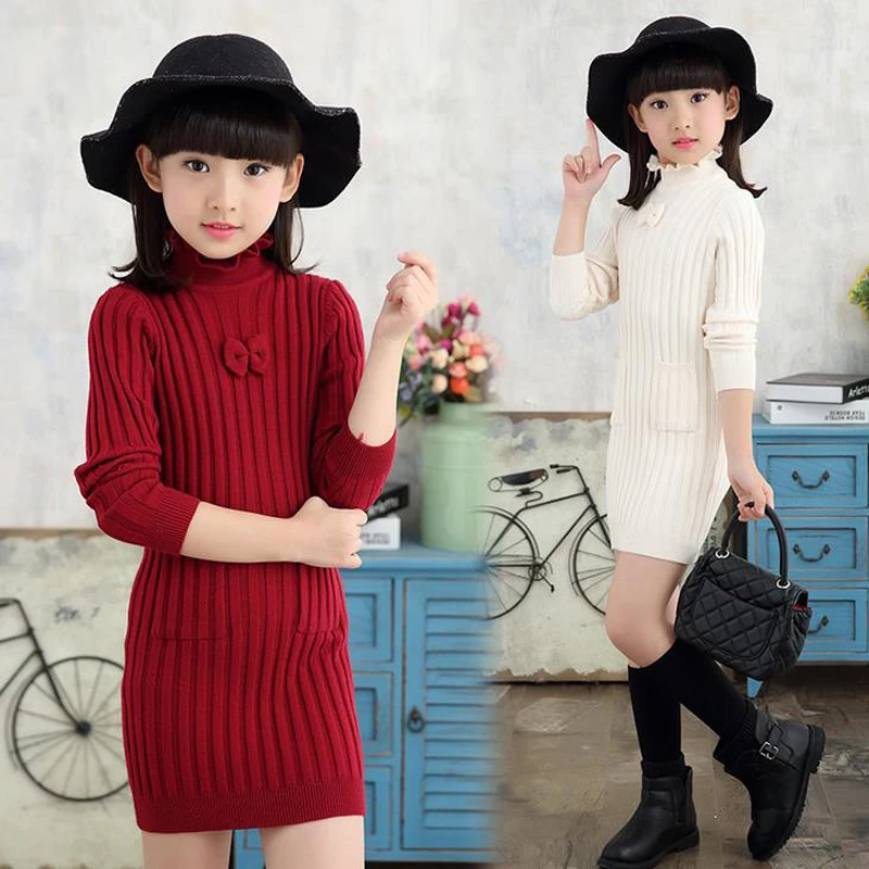 

Girls Clothing NEW Winter Autumn Pullover Children Sweaters Casual Solid Turtleneck Bow Kids Knitwear Slim Long Outerwear XL166