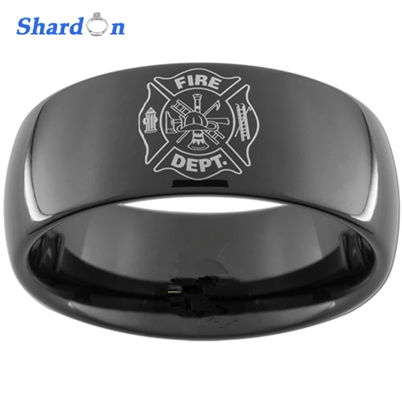 SHARDON Classic ring men 8mm Black Domed Tungsten Carbide Firefighter