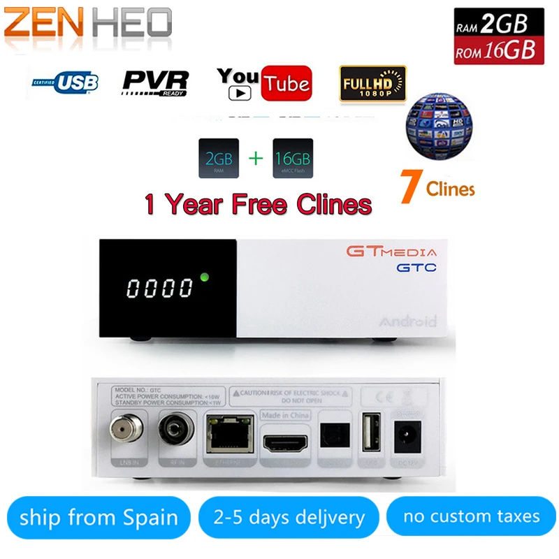 

GTC decoder DVB-S2 DVB-C DVB-T2 Amlogic S905D android 6.0 TV BOX 2GB 16GB +1 Year 7 Clines Satellite TV Receiver set tv box