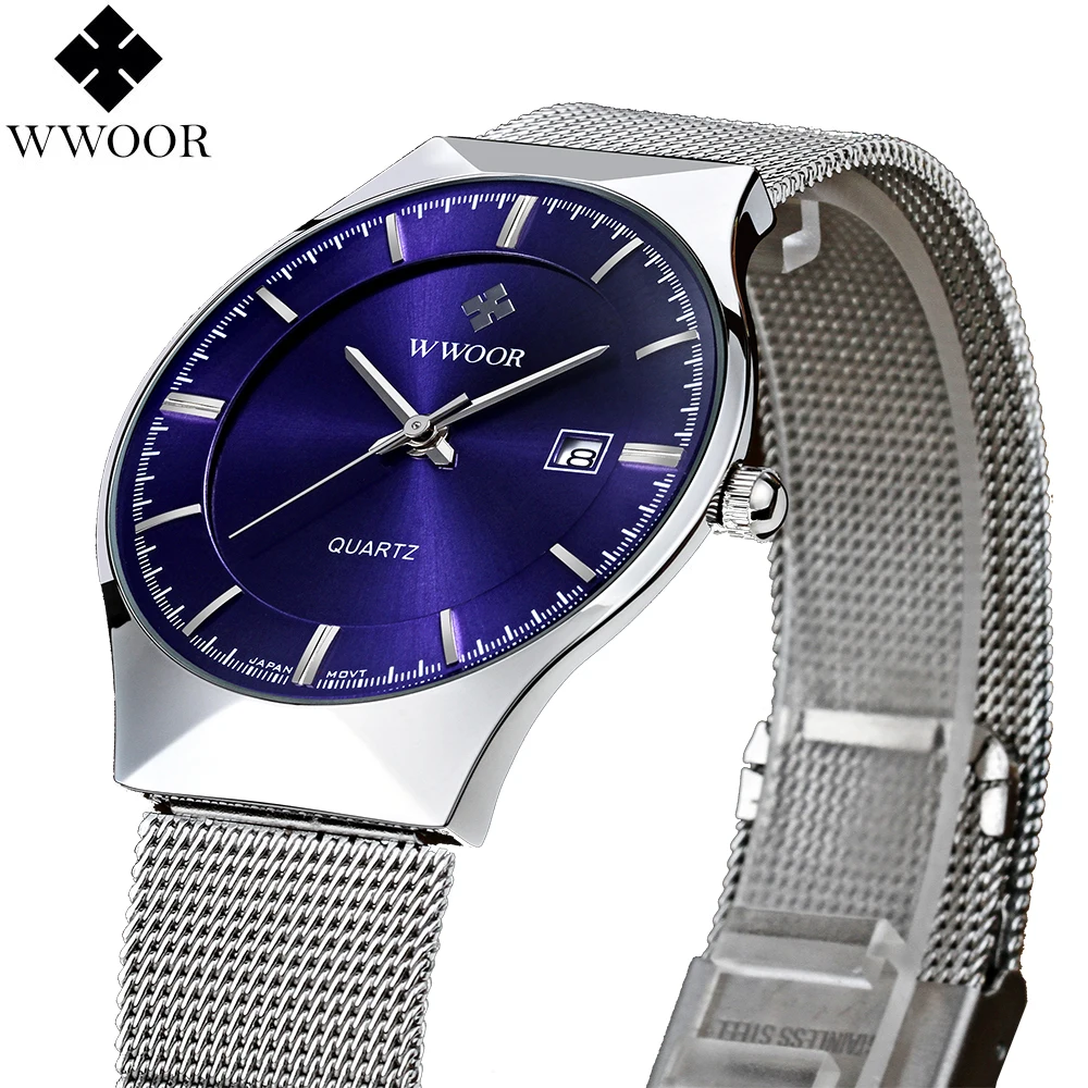  New Fashion top luxury brand WWOOR watches men quartz-watch stainless steel mesh strap ultra thin dial clock relogio masculino 