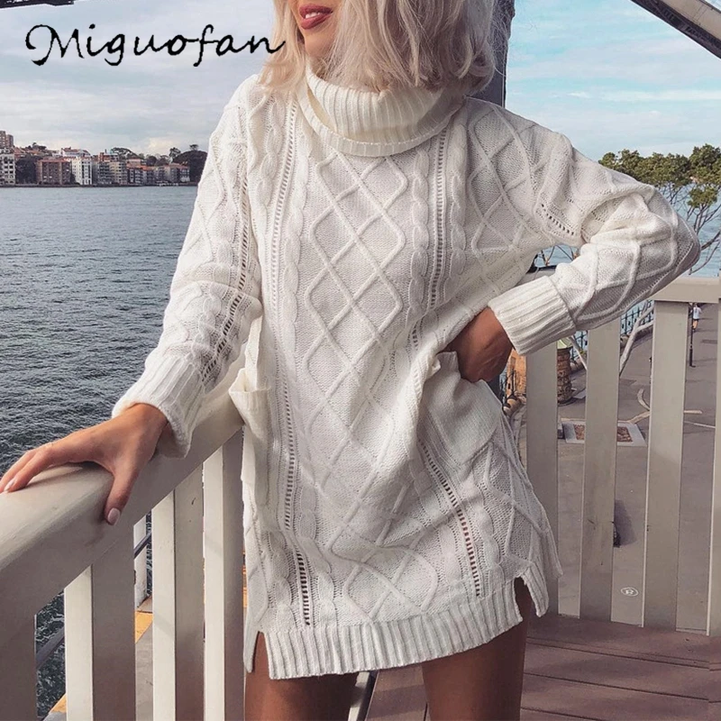 Miguofan, белые вязаные пуловеры, длинный свитер для женщин, водолазка с карманами, джемперы, повседневные топы, свитера для женщин, Осень-зима, Новинка
