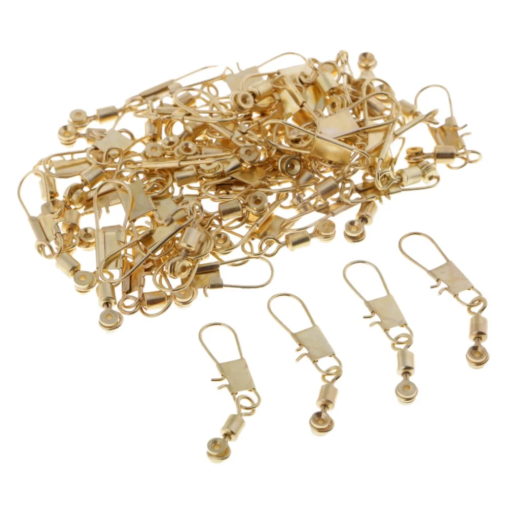 

50pcs High Strength Copper Fishing Sinker Lines Slides Hook Shank Clip Connector Fishing Rolling Swivels Connector Golden