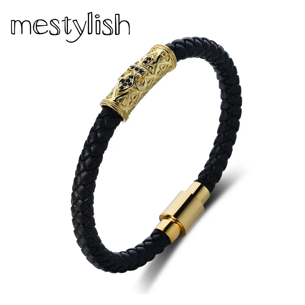 Мужской кожаный браслет Mestylish Nappa с микро закрепкой фианитами якорем из