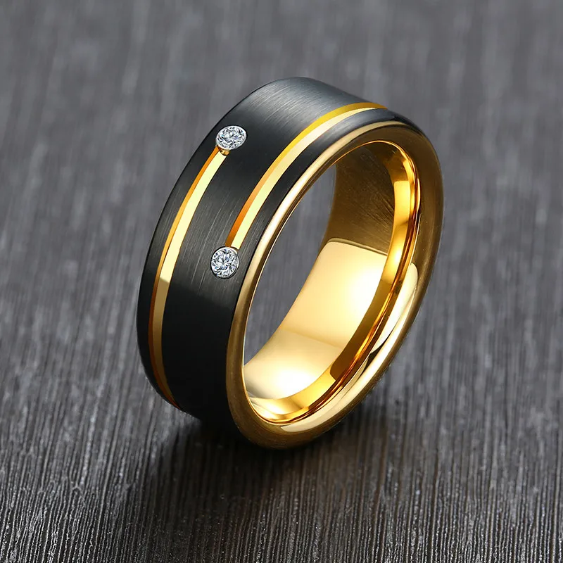 

ZORCVENS Black Tungsten Carbide Wedding Band with Gold Tone Lines AAA CZ Stones Ring for Men High Quality