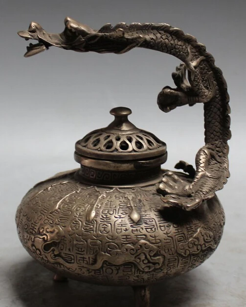 

6" Marked Chinese Silver FengShui Auspicious Dragon Incense Burner Censer Statue S0706
