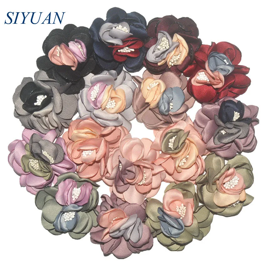 

Wholesale 60pcs/lot 2.6 inch Satin Burned Chiffon Flower with Stamen Wedding Bouquet Girl Headwear Acessories TH265