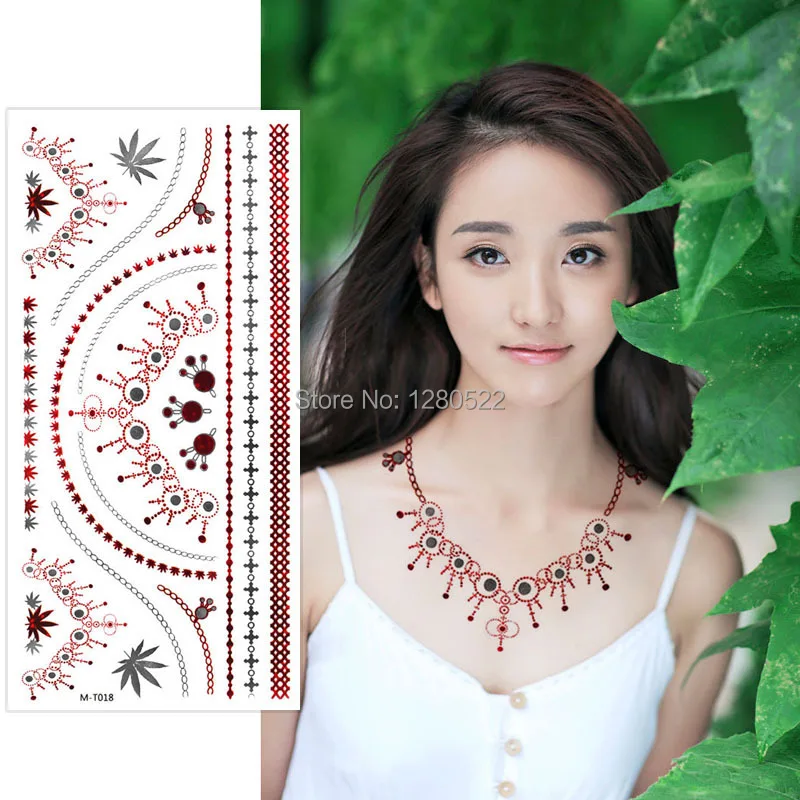 

2 sheets Temporary Flash Tattoo Necklace Metallic Tattoo Maple Leaf Red Silver Tatoo Body Art Tatuagem for Women Party Queen