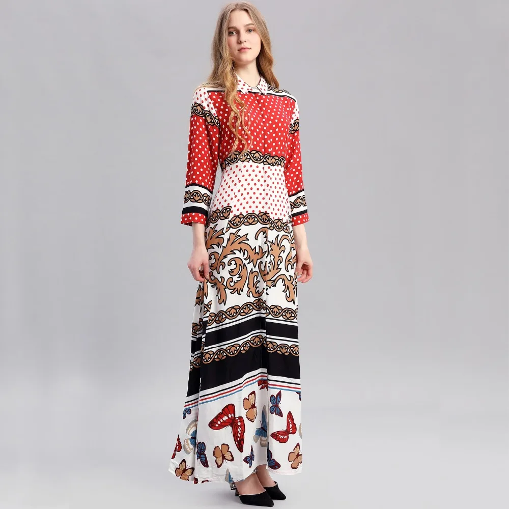 

Women Bohemian Maxi Long Sleeve Casual Dress Vintage Kaftan Islamic Abaya Muslim robe dot printing shirt dress summer vestidos