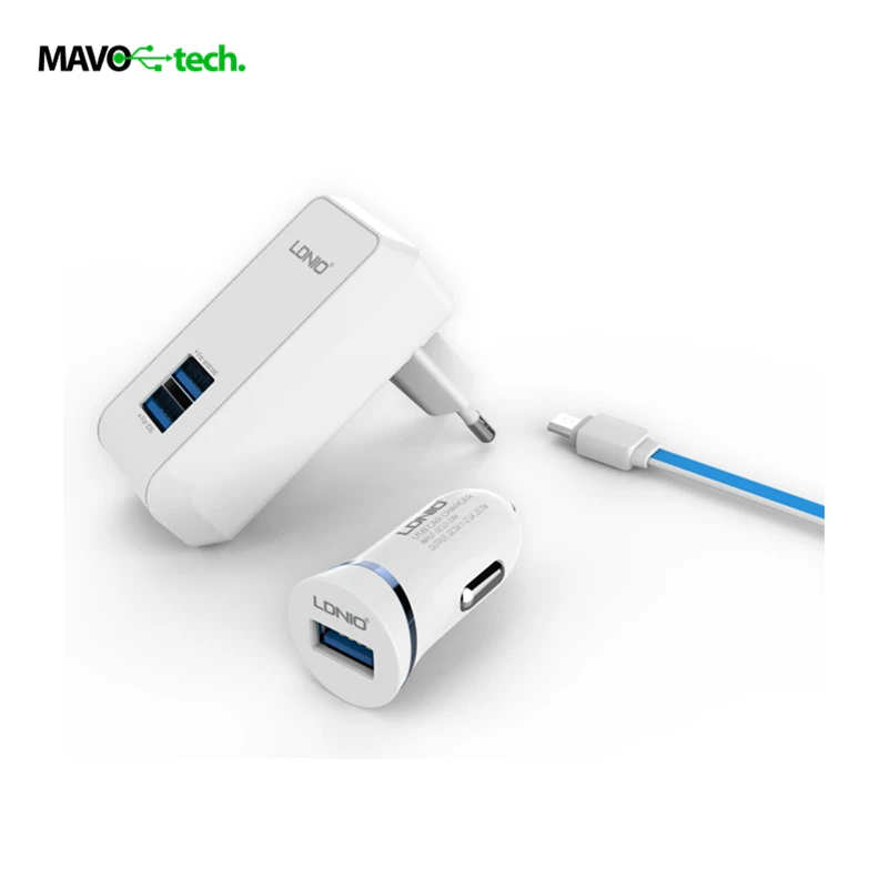 LDNIO Cellphone Wall Charger + Car Charger Kit with Cable EU Plug