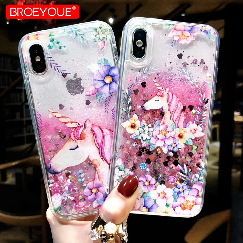 

Cute Unicom Cases For iPhone XS Max Case Liquid Heart Quicksand Glitter Star Dynamic Cover For iPhone XR X 5S SE 6 6S 7 8 Plus