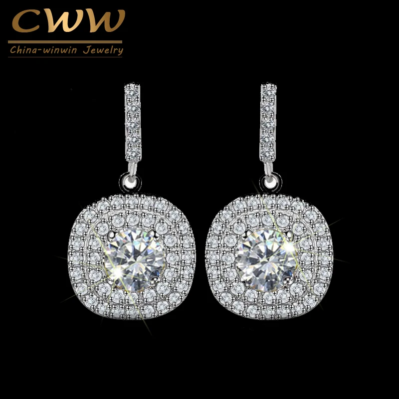 

CWWZircons Mirco-Paved Full Cubic Zirconia Crystal Square Yellow Green Pink Dark Blue Stone Drop Earrings for Women CZ045