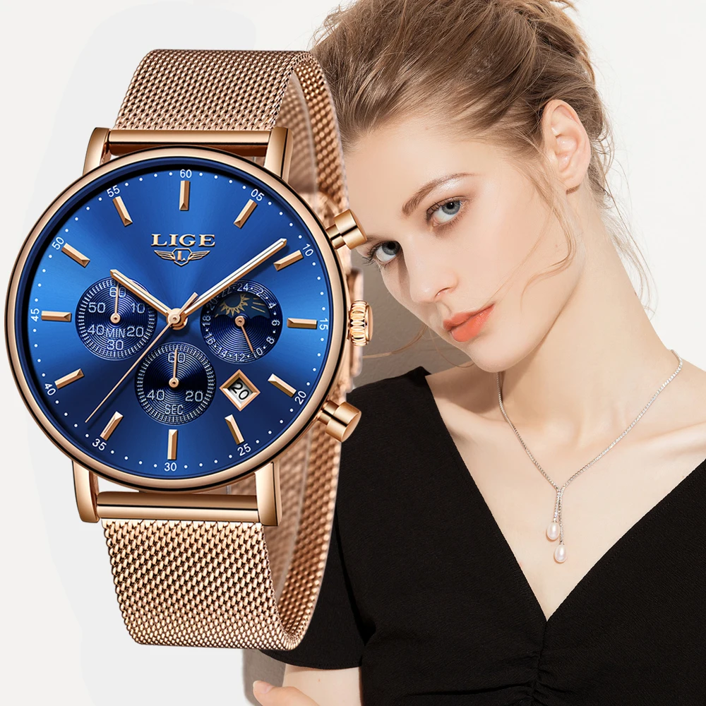 

LIGE Women Fashion Gold Blue Quartz Watch Lady Mesh Watchband High Quality Casual Waterproof Wristwatch Gift Moon Phase clock
