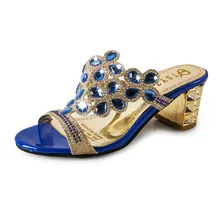 New Women’s Platform Sandals Summer 2016 Rhinestone Cutout Peep Toe Women Slides Office Shoes Square Medium Heel Slipper