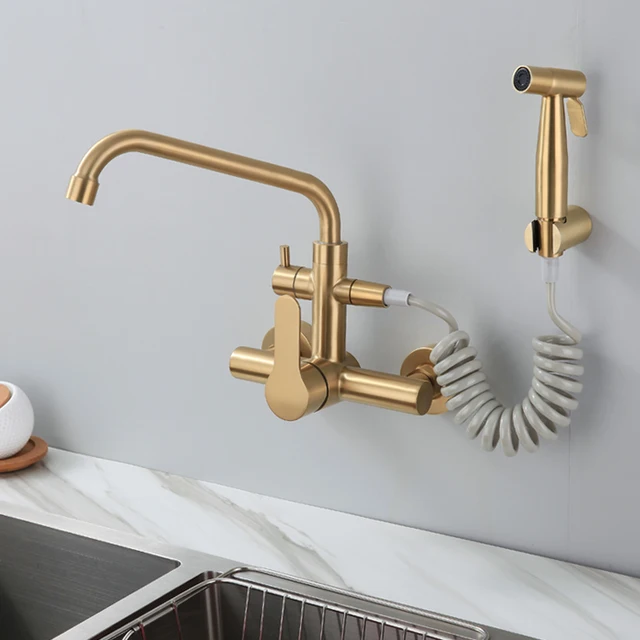 Cheap Wall mounted Brushed gold stainless steel kitchen faucet with bidet spray shower head ,Rotatable,Cold and hot water faucet- Cheap Wall mounted Brushed gold stainless steel kitchen faucet with bidet spray shower head ,Rotatable,Cold and hot water faucet-