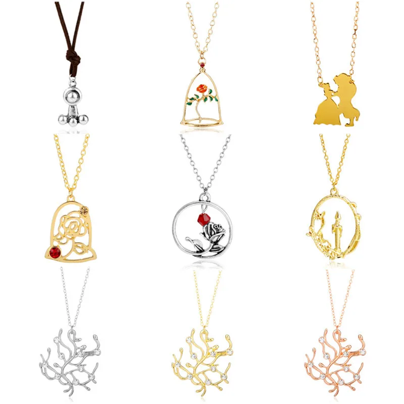 

Hot Beauty and the Beast Necklace Long Roses Flower Pendant Necklaces Sweater Chain Anniversary Wedding Gifts Accessories