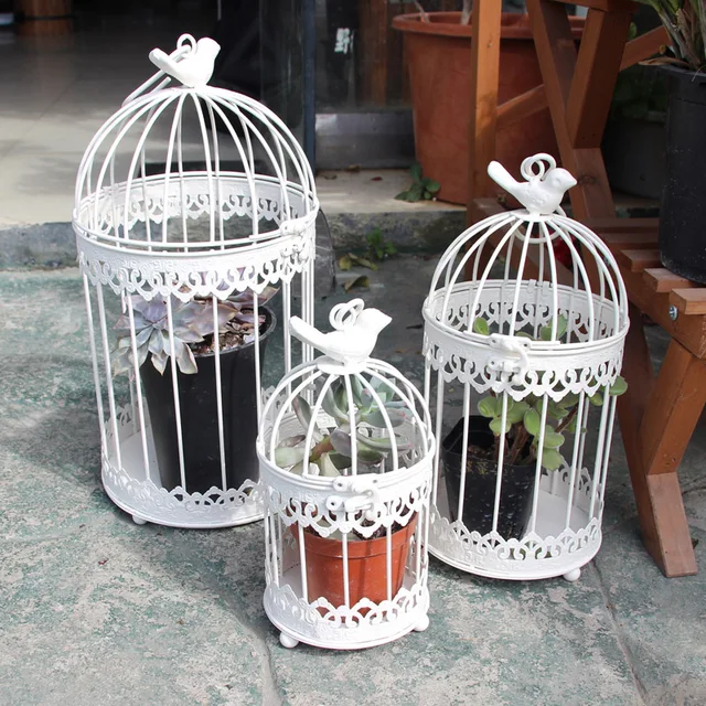 Modern iron wrought metal birdcage white small middle Sets large bird cage decoration hanging flowerpot succulent plants 5