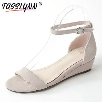 

TASSLYNN 2019 Summer Women's Shoes Kid Suede PU Buckle Woman Sandals Wedges Med Heels Elegant Style Women Shoes Size 34-41