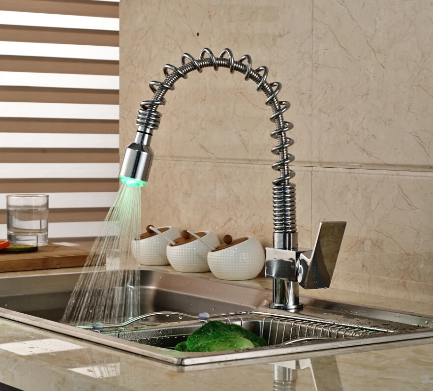 

LED Spout Spring Kitchen Faucet Vanity Sink Mixer Tap Deck Mounted Hot and Cold Faucet