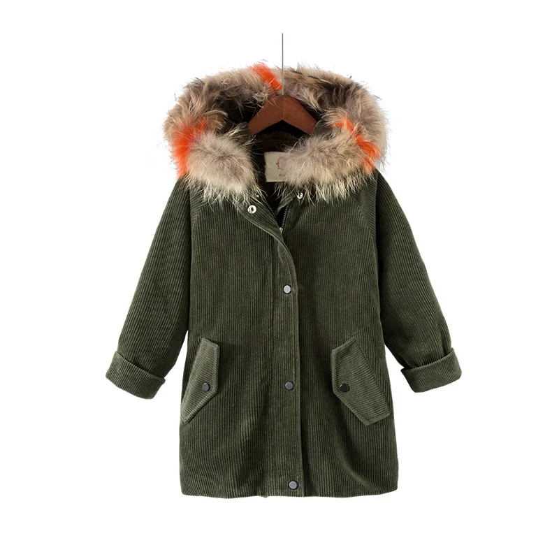 

Children's Winter Jackets Fur Collar Hooded Down Parkas For Girls Coats Jackets Long Sleeve Thick Corduroy Kids Outerwear