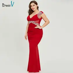 Dressv Красный v шеи большие размеры вечернее платье Элегантный оболочка рукавов Свадебная вечеринка торжественное платье бисером вечернее