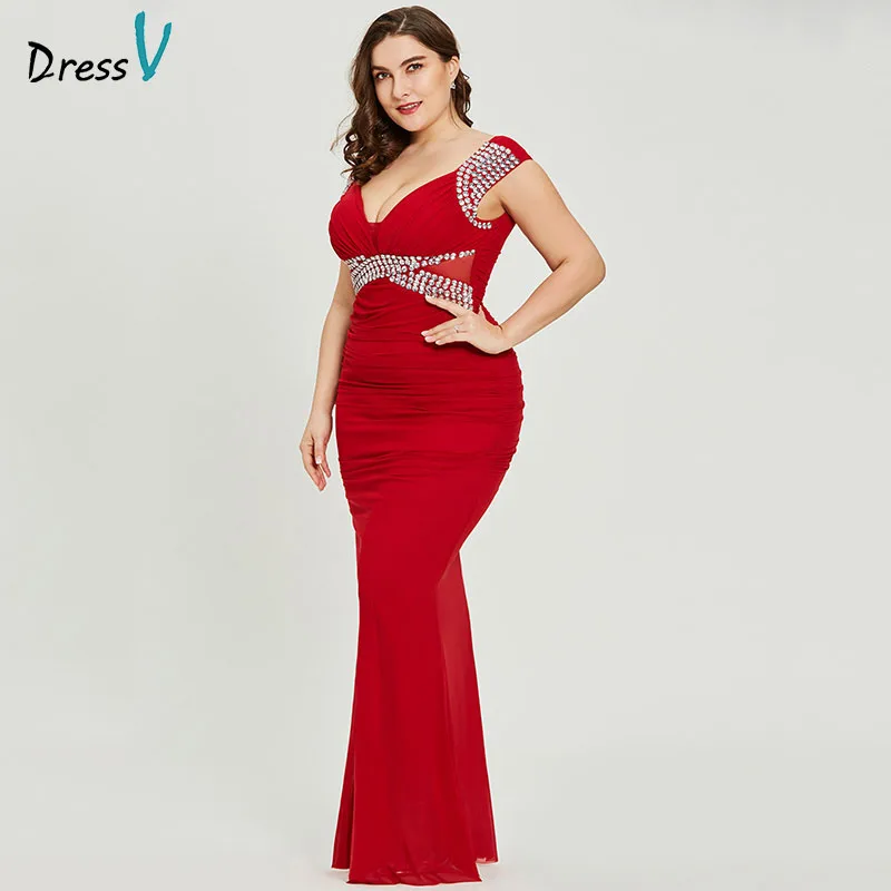 

Dressv red v neck plus size evening dress elegant sheath sleeveless wedding party formal dress beading evening dresses