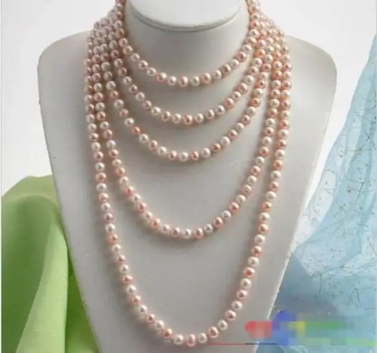 

FREE SHIPPING>@@> Hot sale new Style >>>>> 100" 9MM WHITE PINK ROUND FRESHWATER CULTURED PEARL NECKLACE