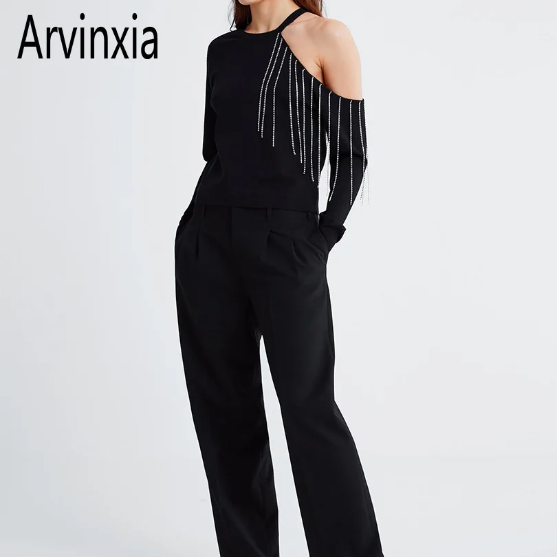 

Arvinxia ZA Summer Solid Hollow Out Women Pullover New Off The Shoulder Long Sleeve Lady Sweaters Sexy Tassel O Neck Stylish Top
