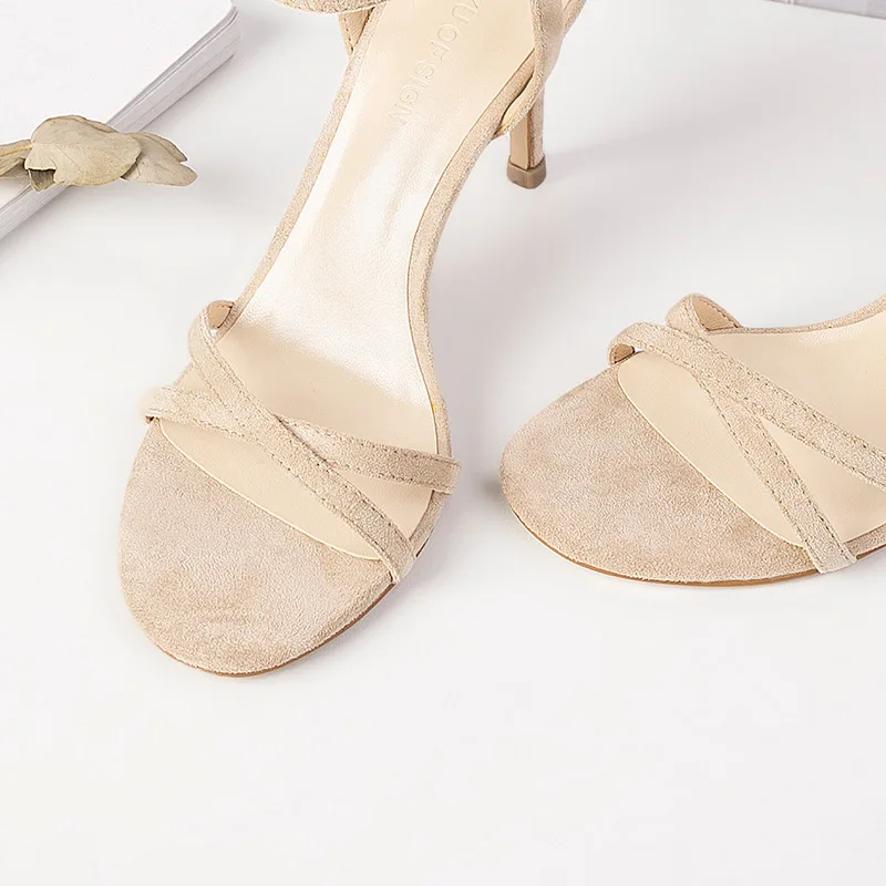 Летние женские босоножки; обувь с открытым носком; Замшевые женские офисные туфли на тонком каблуке 8,5 см с круглым носком