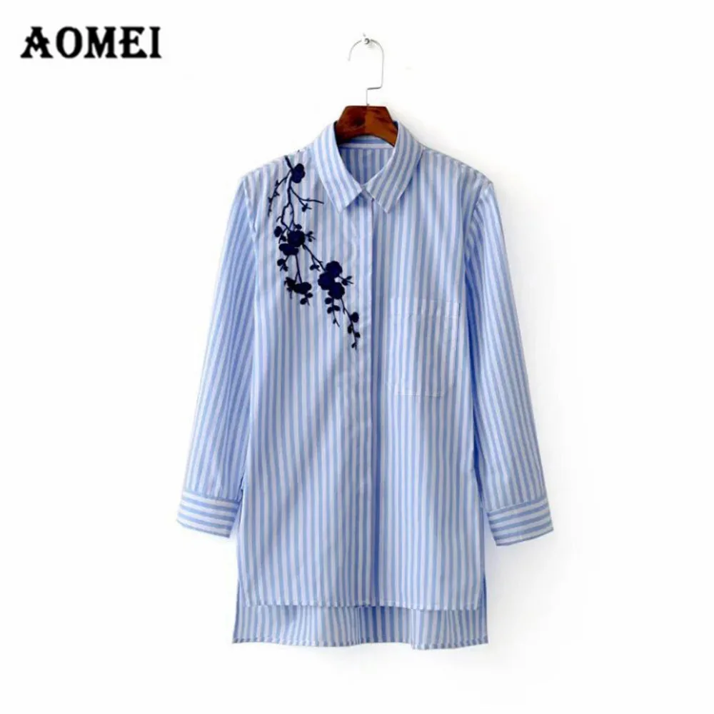 Women Shirts Blue Striped with Embroidery Flower Loose Casual Fashion