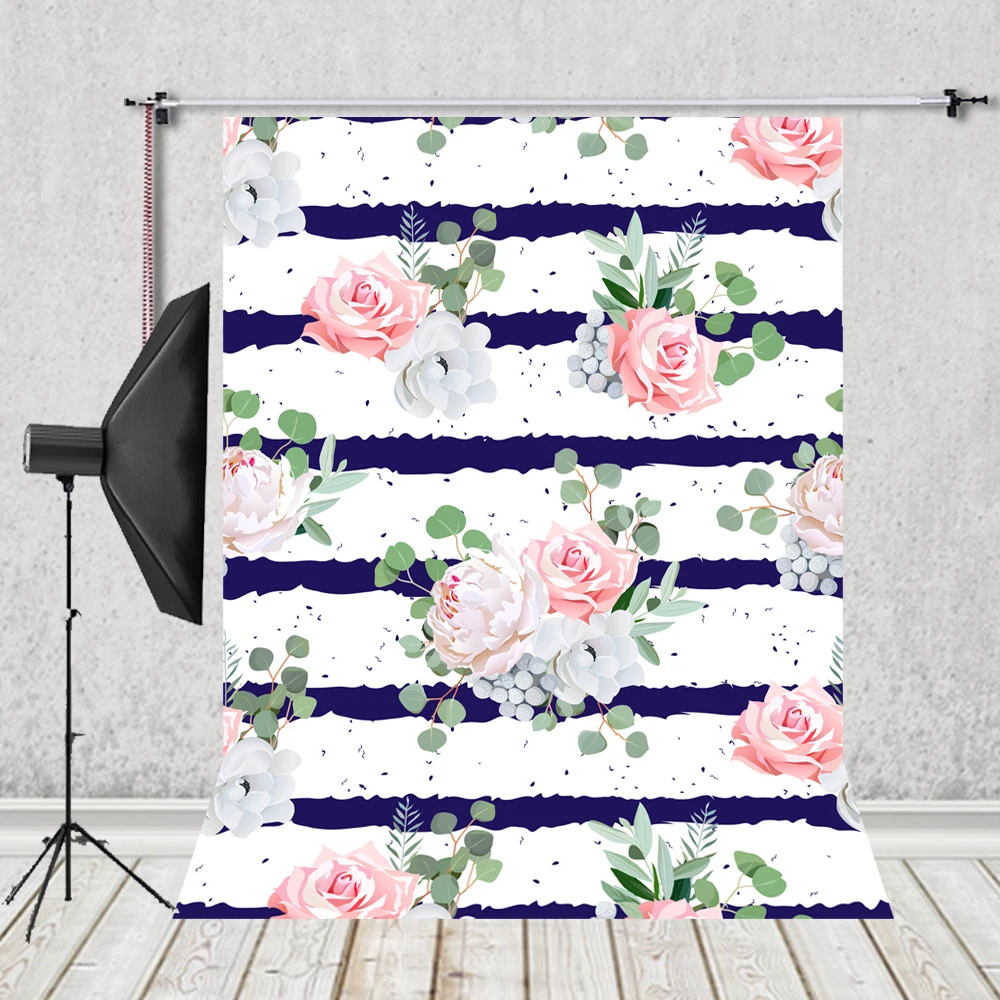 HUAYI Pink Rose Flower Backdrops for Photography Floral Background Blue stripes Baby shower banner Spring party decor LW-1121 |