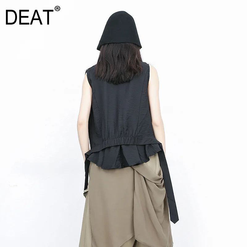 

[DEAT] 2019 New Spring Summer Stand Collar Sleeveless White Ribbon Split Joint Loose Personality Tank Tops Women Fashion JT16