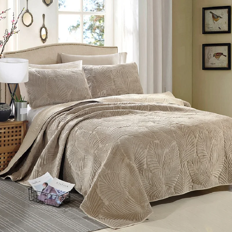

Plush Cotton Quilt Set 3PCS Palm Leaves Embroidery Quilted Bedspread Bed cover sheets Pillowcase Coverlet Set King Size