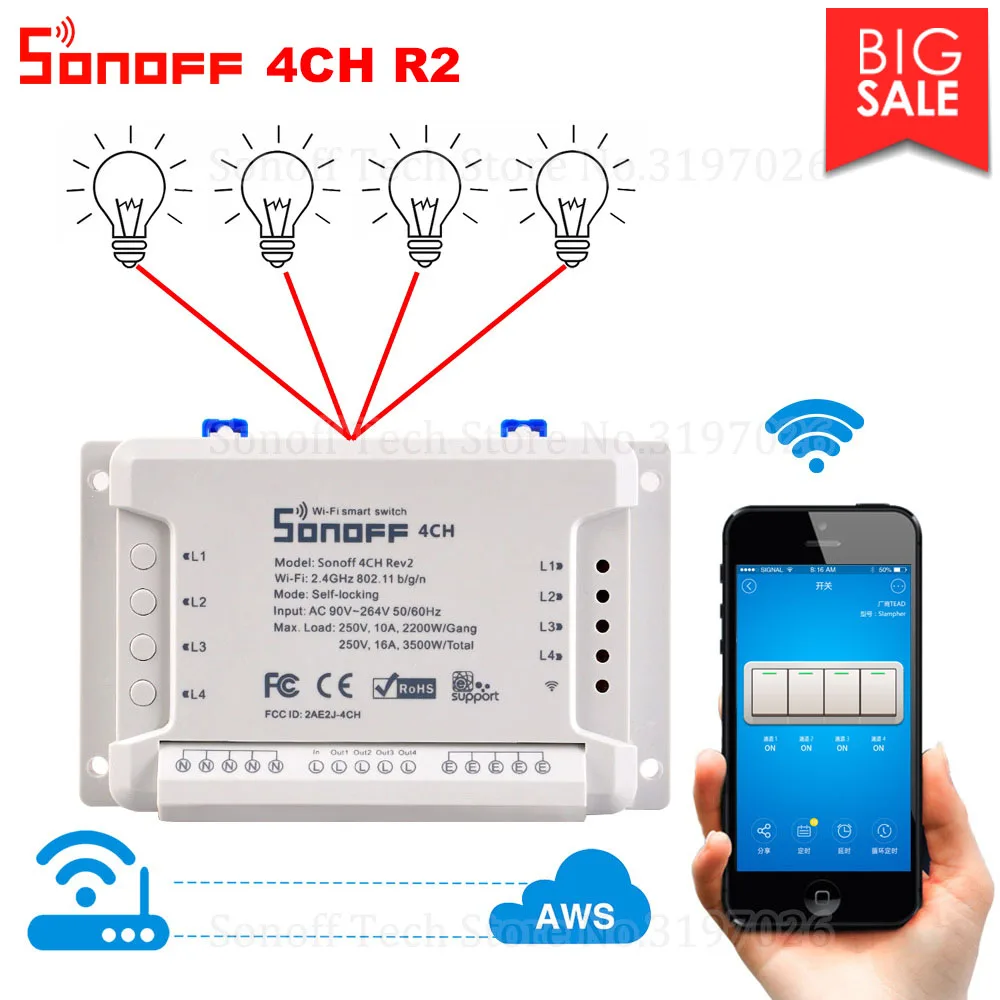 Itead Sonoff 4CH R2 умный Wifi переключатель 4 банды умный дом пульт дистанционного управления светильник переключатель din-рейка реле работает с Alexa Google Home