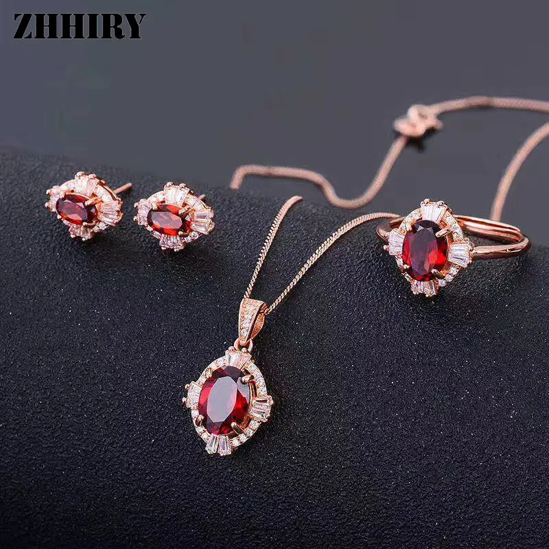  ZHHIRY réel grenat 925 Standard bijoux en argent ensembles anneau boucle d'oreille collier Fine rou