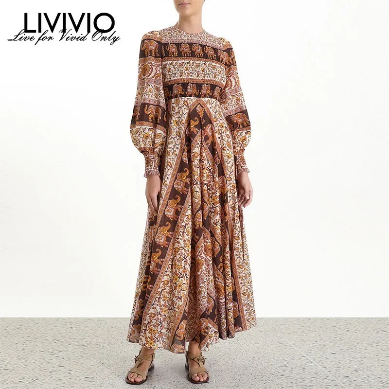 [LIVIVIO] винтажное платье с принтом для женщин круглым вырезом длинным рукавом