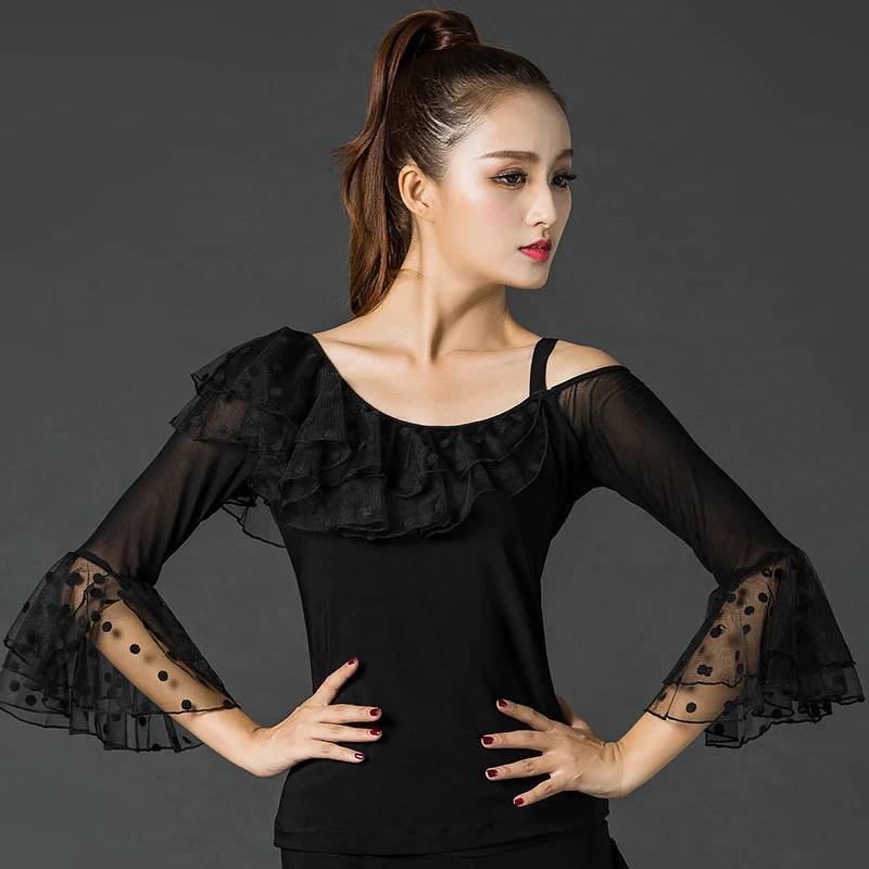 

Ballroom Dance Tops For Women Black Trumpet Sleeve Latin Shirts Salsa Dance Clothes Practice Competition Performance DNV10323