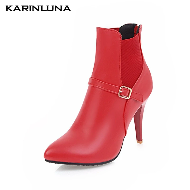 

Karinluna 2019 New Hot Sale Large Size 33-43 Wholesale Zip Up Ankle Boots Woman Shoes Women High Heels Black Red Boots Female