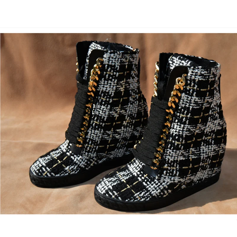 

Gold Metal Decor Women Boots Front Lace Up Women Ankle Boots Wedges Height Increasing Back Zipper Short Booties Brand Star Shoes