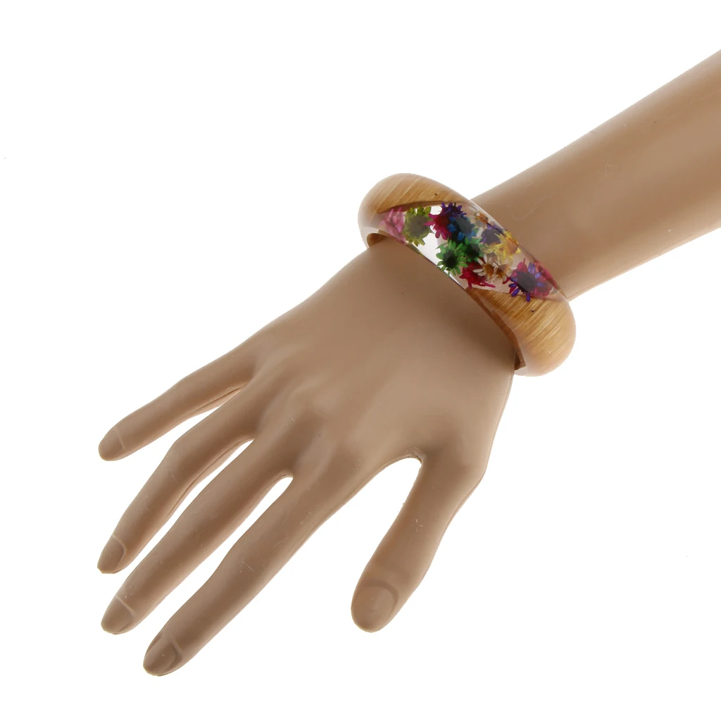 Clear Dried Flowers Incased Resin Charms Wooden Bracelet Bangle Women Girls Bohemian Jewelry Fashion