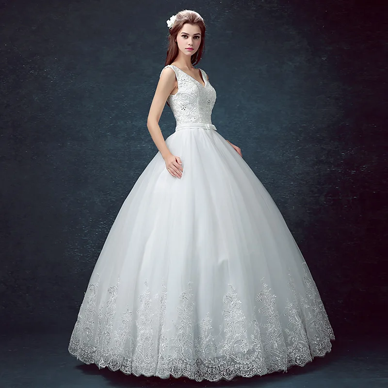 DM0416 # V-neck невесты свадебное платье полимерная Мозаика Белый бальное платье на шнуровке дешевые оптовая продажа 2019 новый органза с вышивкой