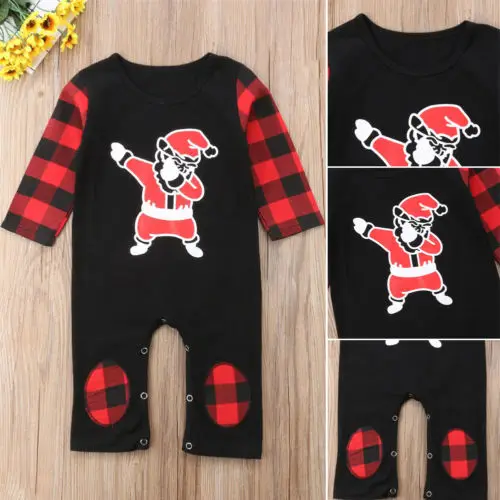 Emmababy Newborn Baby Boys Girls Funny Cute Christmas Dancing Santa Long Sleeve Plaid Jumpsuit Romper Outfit Clothes